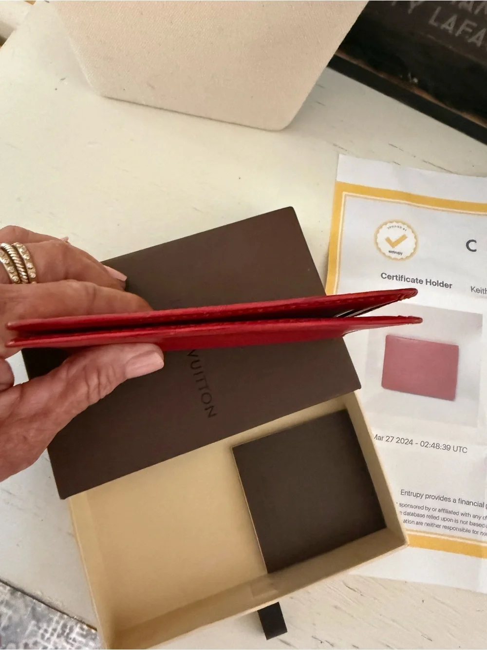 Louis Vuitton authenticated great condition red Epi leather credit card